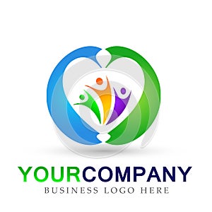 Team work logo, partnesrship, education, celebration people icon in heart logo design on white background