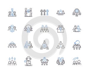 Team work outline icons collection. Collaboration, Cooperation, Unison, Combine, Alliance, Synergy, Interdependence