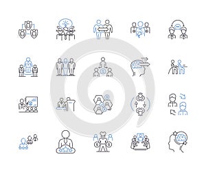 Team work outline icons collection. Collaboration, Cooperation, Unison, Combine, Alliance, Synergy, Interdependence