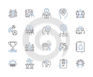 Team work outline icons collection. Collaboration, Cooperation, Unison, Combine, Alliance, Synergy, Interdependence