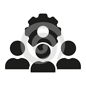 Team Work, People with Gear Silhouette Icon. Workforce Glyph Pictogram. Teamwork Concept Solid Sign. Manager with Cog