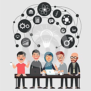 Team work process concept illustration. illustration on group of businessmen meeting