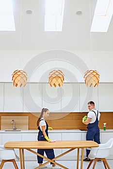 Team work of young cleaners in kitchen