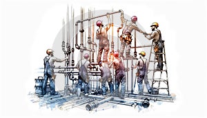 Team of Workers Assembling Industrial Piping