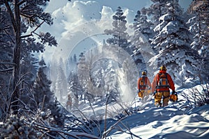 A team of workers in orange suits uses chainsaws to cut trees in a snowy forest, showcasing teamwork and determination photo