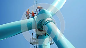Team of workers stand on wind turbine top on sky background, engineers perform maintenance of windmill. Concept of energy, power,