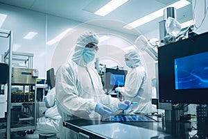 Team of workers wearing protective suits and masks in a semiconductor manufacturing cleanroom