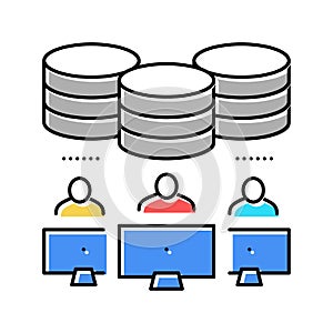 team working at computers digital processing color icon vector illustration