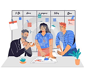 Team working together against SCRUM task board, flat vector illustration isolated on background