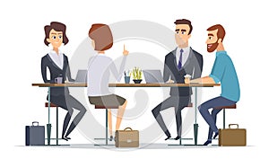 Team working together. Office talking peoples managers business group dialogue coworkers persons vector concept pictures