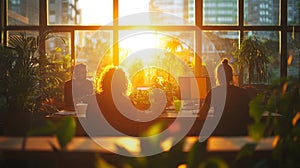 Team Working Together At Sunset In Office