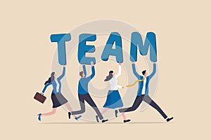 Team working together to win business success, teamwork, cooperation or collaboration, coworker partnership or office colleagues