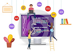 Team writes code programming for a game, app or website