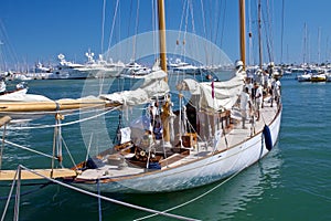 Team on the yacht and old sailing ship detail