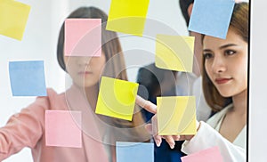 Team of young business man and woman standing in meetin room win