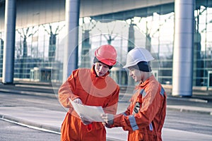 Team of young engineers discussing a construction project photo