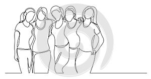 Team of young female athletes standing together - one line drawing