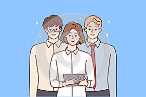 Team young professionals from woman with tablet and two men in business clothes. Vector image