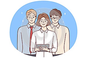 Team young professionals from woman with tablet and two men in business clothes. Vector image