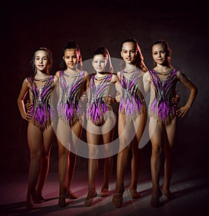 Team of young smiling girls gymnasts in purple shiny sport body posing over grey background