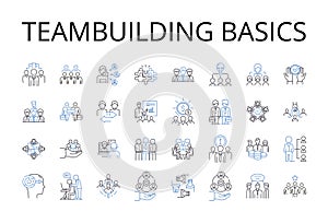 Teambuilding basics line icons collection. Leadership essentials, Communication skills, Conflict resolution, Time