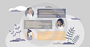 Teamchat as group chat conversation and talking online tiny person concept