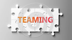 Teaming complex like a puzzle - pictured as word Teaming on a puzzle pieces to show that Teaming can be difficult and needs