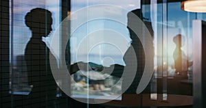 Teaming up with another great mind. Silhouette shot of two businesspeople shaking hands inside an office building.