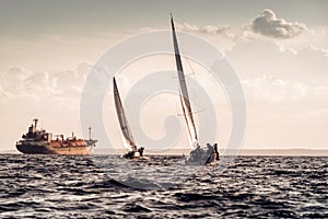 Teams competing in sailing regatta. Akrotiri bay. Limassol, Cyprus