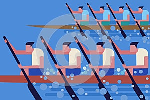 Teams rowing  boats in a boat race