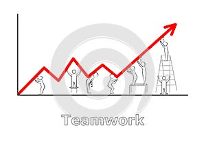 Teamwork, abstract little people holding a red broken line of graphics, isolated on white background vector illustrati