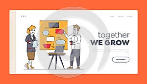 Teamwork, Agenda in Office Landing Page Template. Business Characters Sticking Papers on Big Scheme Organizer, Team Work