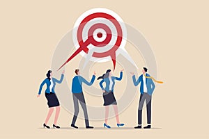 Teamwork aiming on the same target, collaboration to succeed in the same goal, partnership strategy concept, business people or