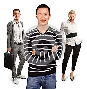 Teamwork and Asian Man In Striped Pullover