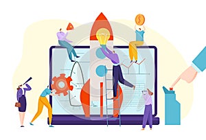 Teamwork business activity, startup modern application development, people character biz idea flat vector illustration