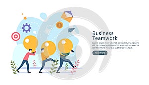 teamwork business brainstorming Idea concept with big yellow light bulb lamp, tiny people character. creative innovation solution