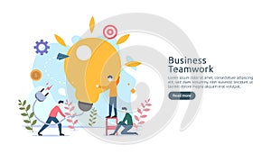 teamwork business brainstorming Idea concept with big yellow light bulb lamp, tiny people character. creative innovation solution