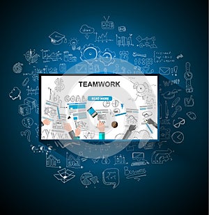 Teamwork Business concept with doodles Sketch background