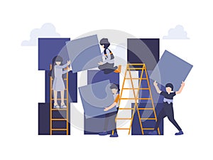 Teamwork business concept. Team metaphor. Vector illustration of People connecting the puzzle elements of the columns. Hardworking