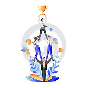 Teamwork business concept. Vector flat illustration. Businessmen acrobats standing in pyramid and holding team leader photo