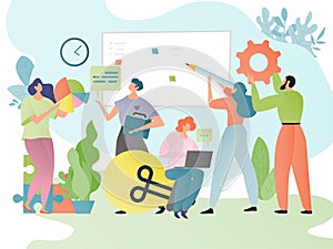 Teamwork business concept vector illustration. People cartoon characters work in team together. Teammates brainstorming.