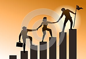 Teamwork in business with groups that help each other climb on graph and achieve their goals. A symbol of teamwork concept. vector