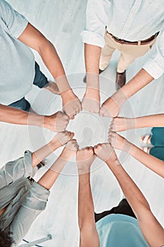 Teamwork, business people and circle of hands for collaboration, support and motivation for success, mission and vision