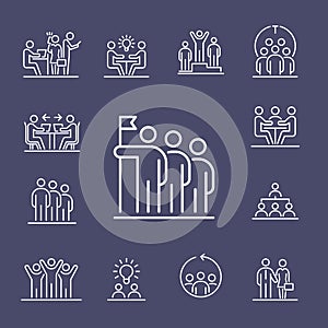Teamwork business people icon set UI simple line flat illustration