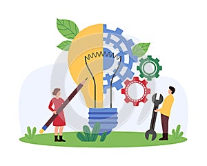 Teamwork for business project improvement, creative innovation idea by tiny people