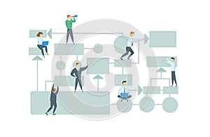 Teamwork, business workflow layout with chart elements and people figures. Business plan. Colorful flat style vector