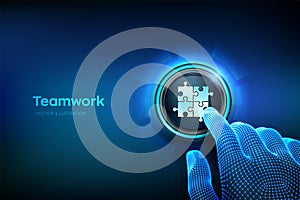 Teamwork button. Puzzle Team elements icon. Business Partnership concept. Global cooperation communication network. Closeup finger