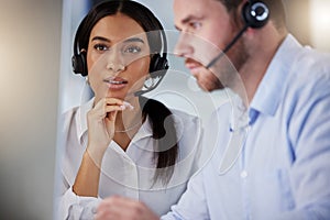 Teamwork, call center and woman problem solving for support, help or thinking of customer service. Headset