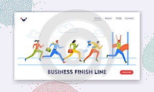 Teamwork, Challenge Landing Page Template. Business People Characters Run, Following Businessman Crossing Finish Line
