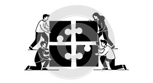 Teamwork collaboration concept with people assembling large puzzle pieces for problem solving and cooperation